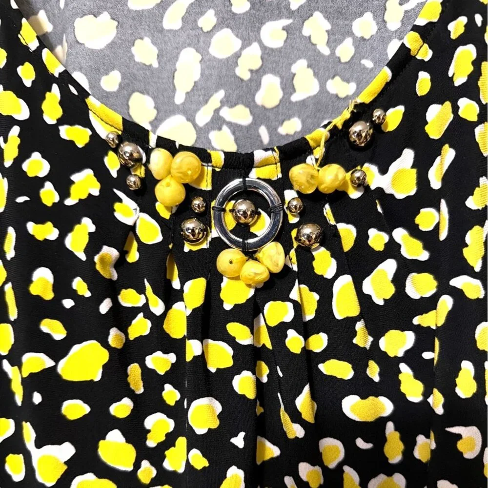 Yellow & Black Patterned Short Sleeve Blouse XL With Embellished Neckline career - Picture 3 of 6